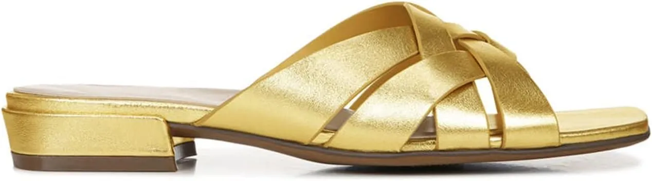 FOWT Women’s Braided Slide Sandals Cross Strappy Flats Backless Square Open Toe Slippers Low Heels Slip On Golden Shoe Synthetic Leather Hollow Design for Driving Working Leisure Time Size 4-16 US