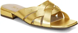 FOWT Women’s Braided Slide Sandals Cross Strappy Flats Backless Square Open Toe Slippers Low Heels Slip On Golden Shoe Synthetic Leather Hollow Design for Driving Working Leisure Time Size 4-16 US
