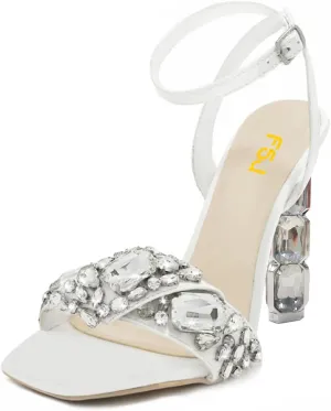 FSJ Women Colored Diamond Heel Sandals Square Open Toe Ankle Strap Special Jewel Chunky High Heel Sandals Party Shopping Holiday Shoes Size 4-16 US