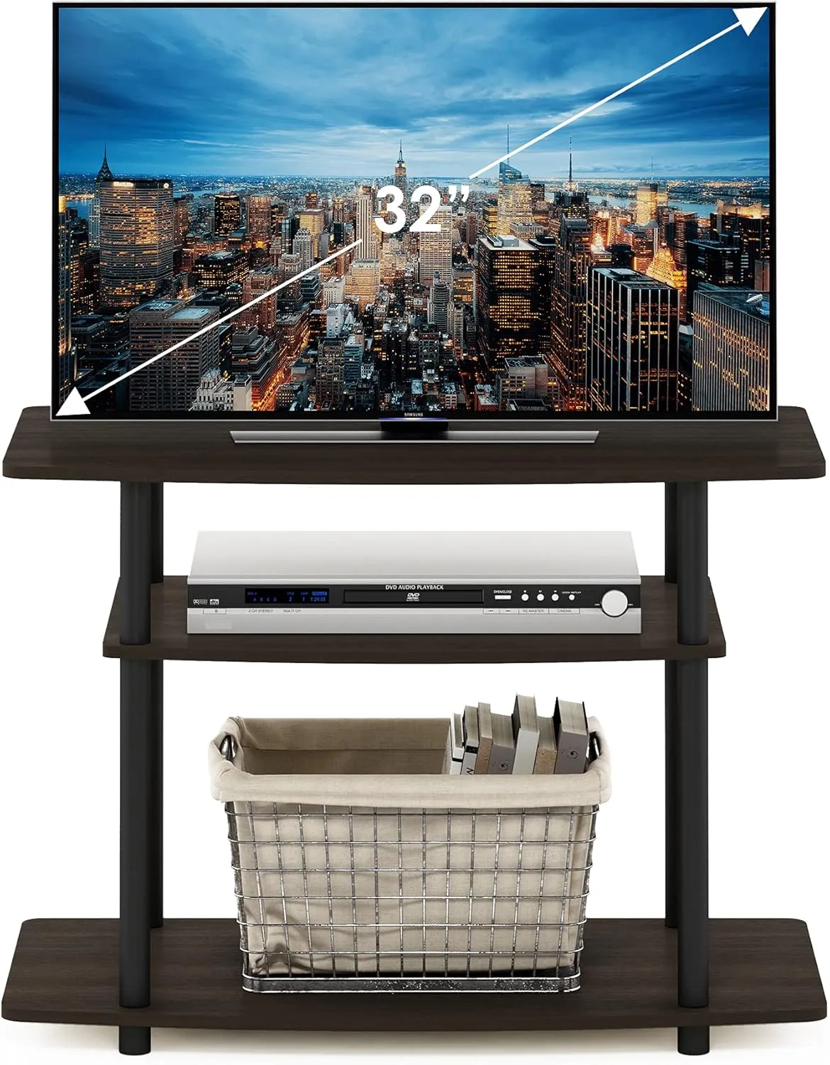 Furinno Turn-N-Tube No Tools 3-Tier Entertainment Center TV Stand for TV up to 32 Inch, Plastic Round Tubes, Dark Brown/Black