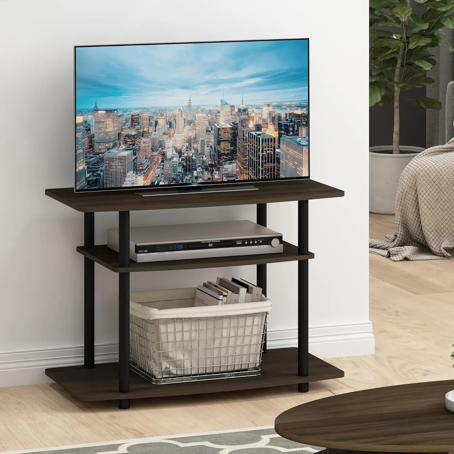 Furinno Turn-N-Tube No Tools 3-Tier Entertainment Center TV Stand for TV up to 32 Inch, Plastic Round Tubes, Dark Brown/Black