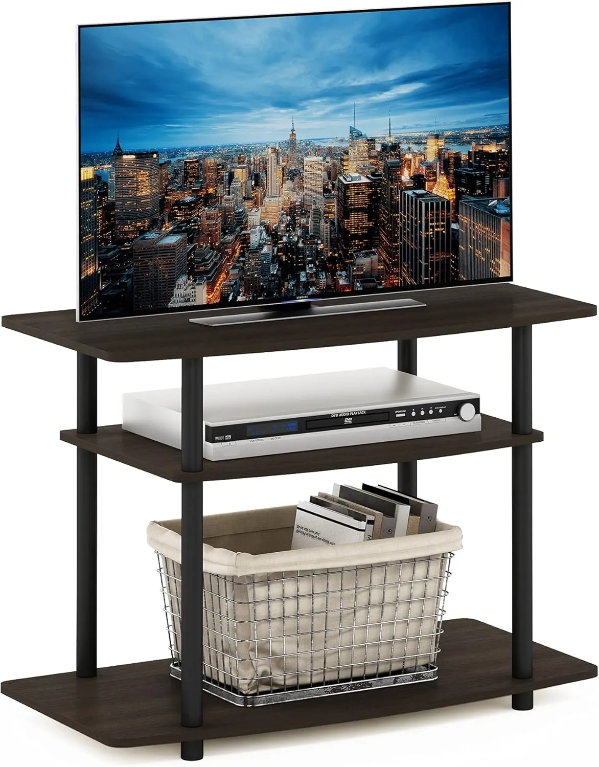 Furinno Turn-N-Tube No Tools 3-Tier Entertainment Center TV Stand for TV up to 32 Inch, Plastic Round Tubes, Dark Brown/Black