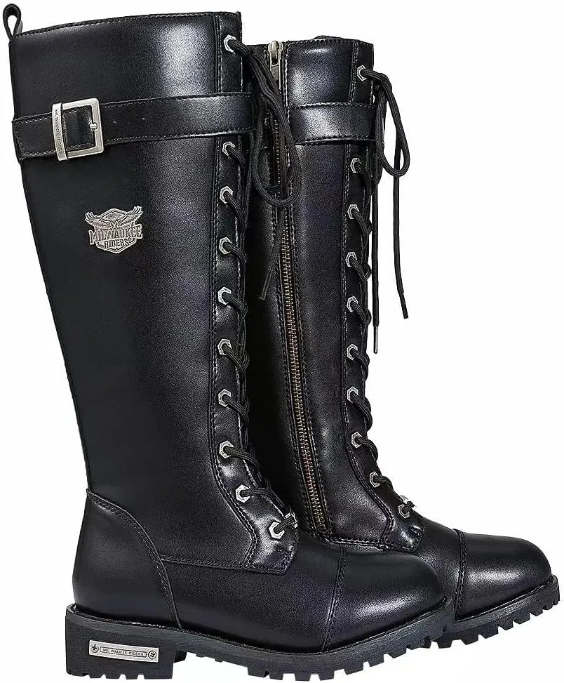 GARGOYLE BELLS Women's Knee High Riding Combat Boots PU Leather Motorcycle Boots with Side Zipper Laced Up Wide Calf Boots For Ladies