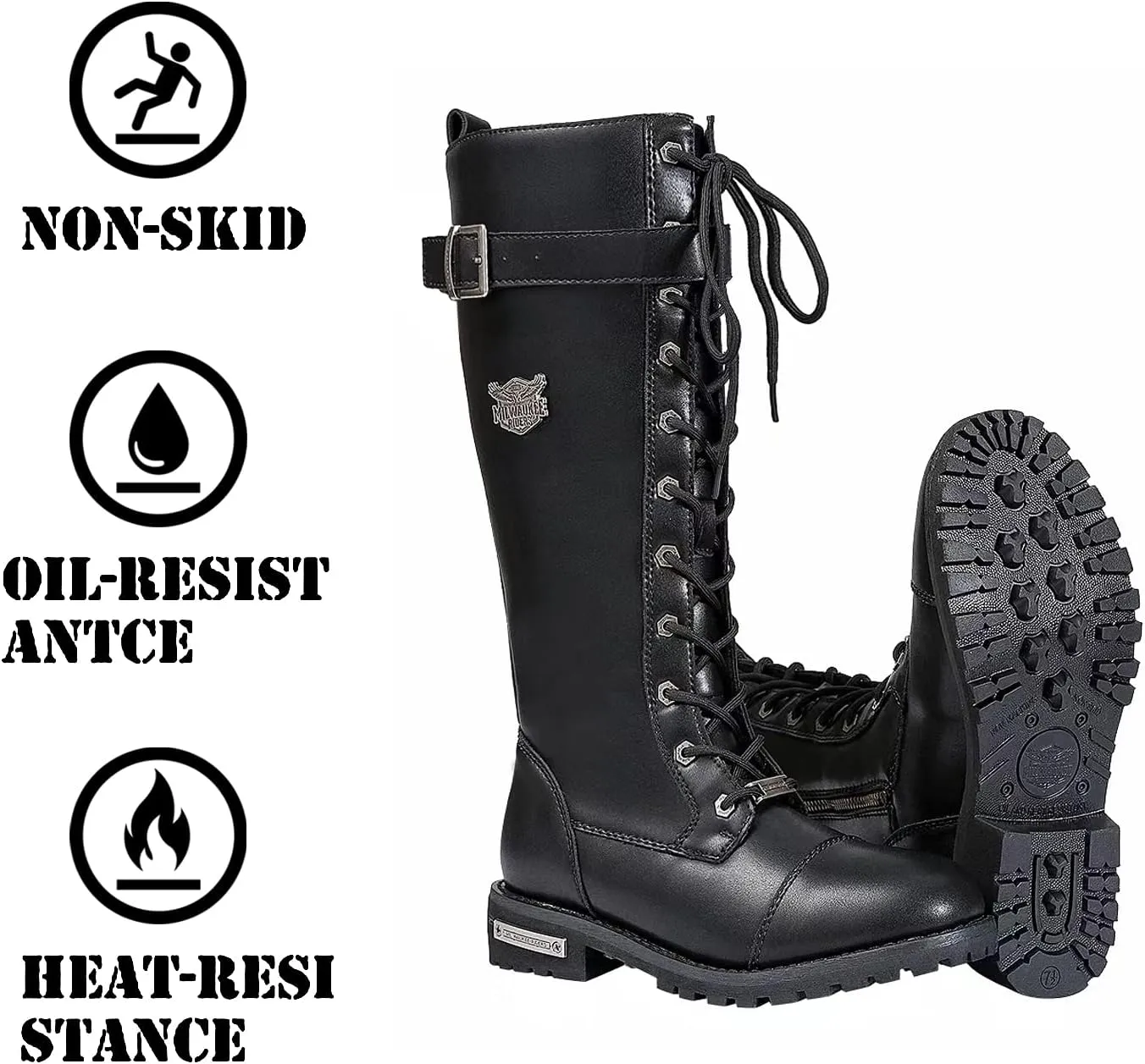 GARGOYLE BELLS Women's Knee High Riding Combat Boots PU Leather Motorcycle Boots with Side Zipper Laced Up Wide Calf Boots For Ladies