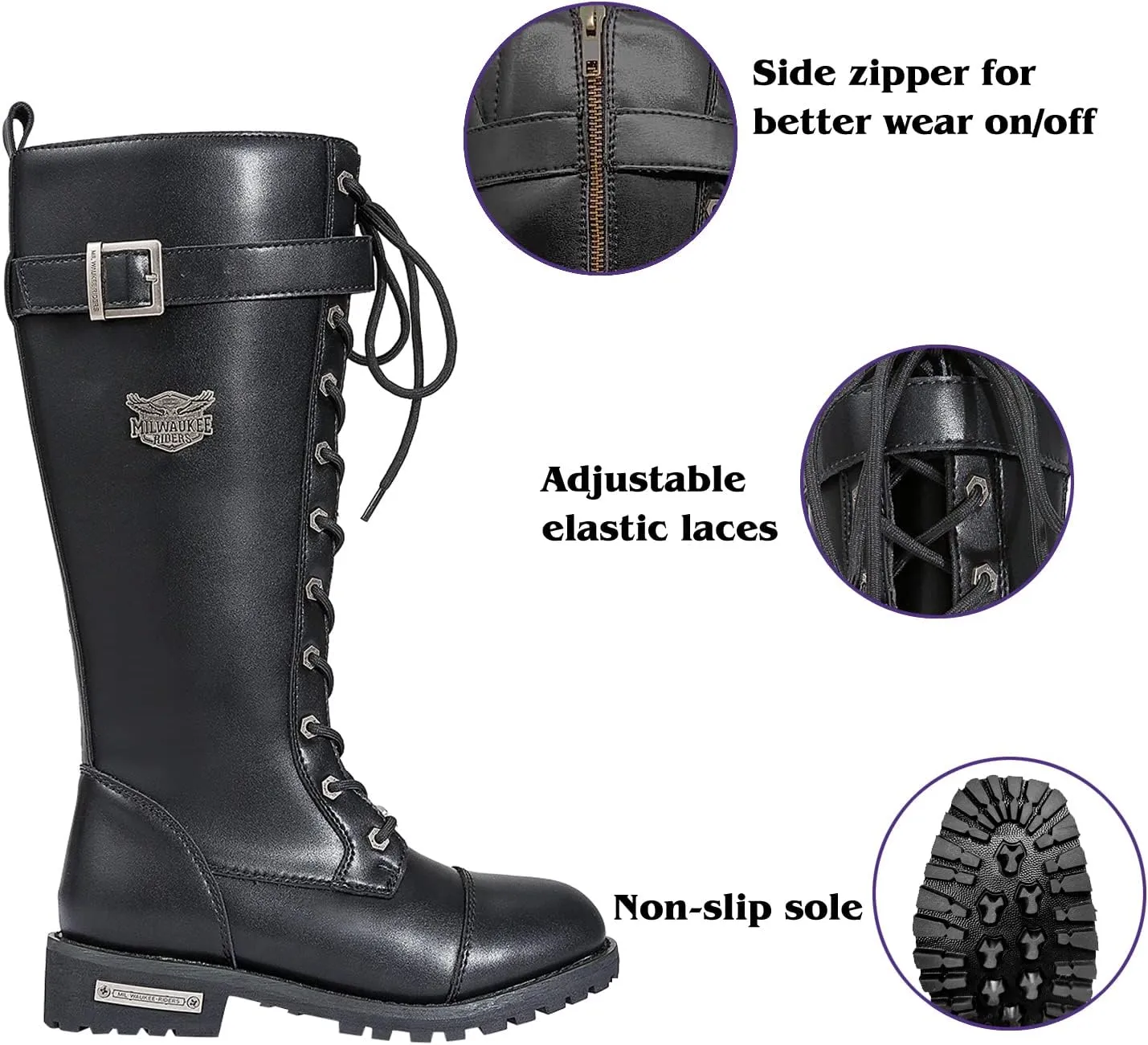 GARGOYLE BELLS Women's Knee High Riding Combat Boots PU Leather Motorcycle Boots with Side Zipper Laced Up Wide Calf Boots For Ladies