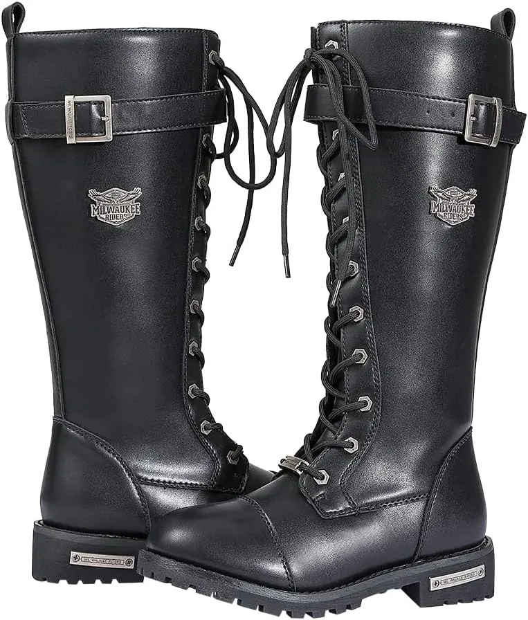 GARGOYLE BELLS Women's Knee High Riding Combat Boots PU Leather Motorcycle Boots with Side Zipper Laced Up Wide Calf Boots For Ladies