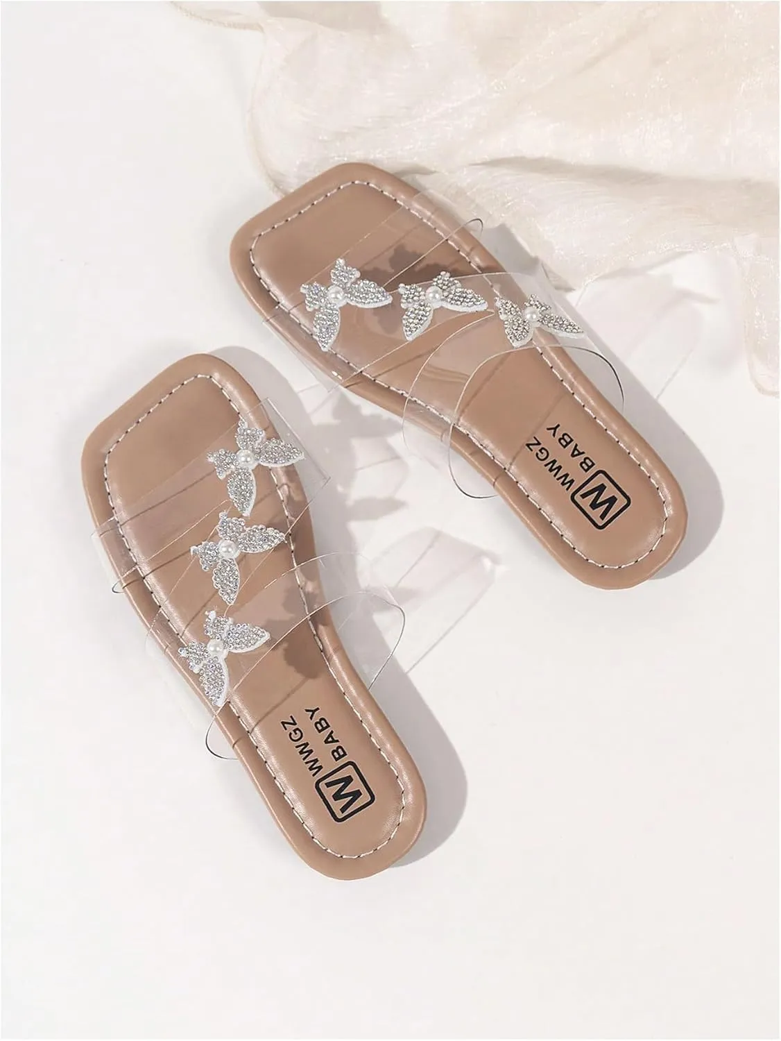 GORGLITTER Girl's Sparkly Butterfly Decor Clear Sandals Square Toe Transparent Summer Slides
