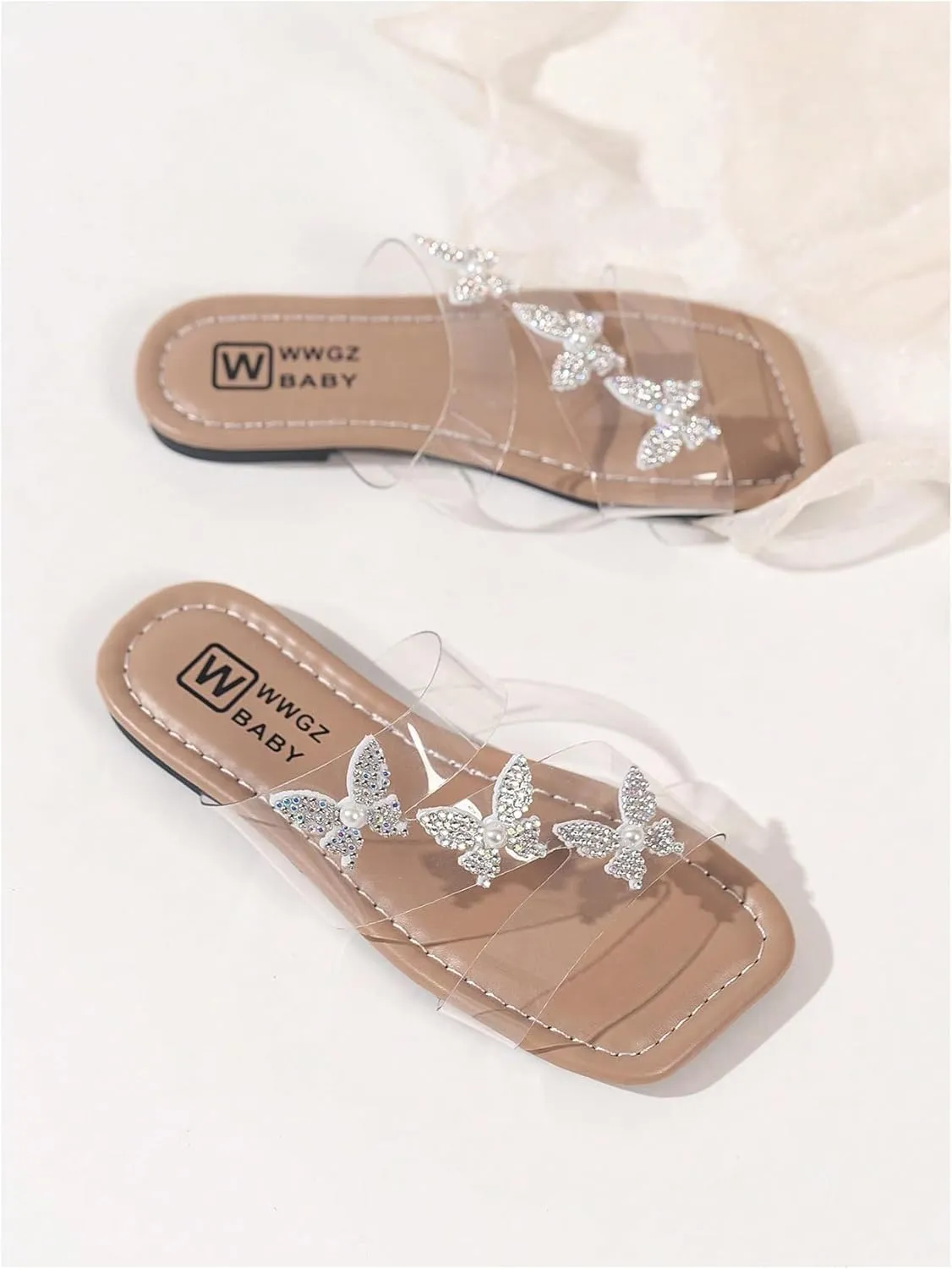 GORGLITTER Girl's Sparkly Butterfly Decor Clear Sandals Square Toe Transparent Summer Slides