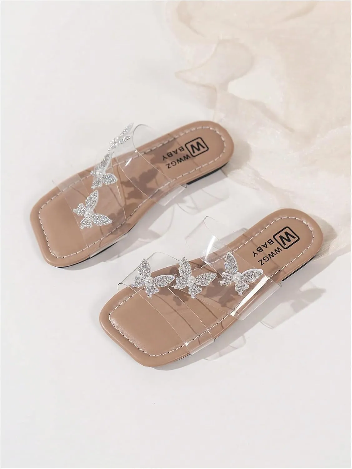 GORGLITTER Girl's Sparkly Butterfly Decor Clear Sandals Square Toe Transparent Summer Slides