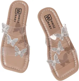 GORGLITTER Girl's Sparkly Butterfly Decor Clear Sandals Square Toe Transparent Summer Slides