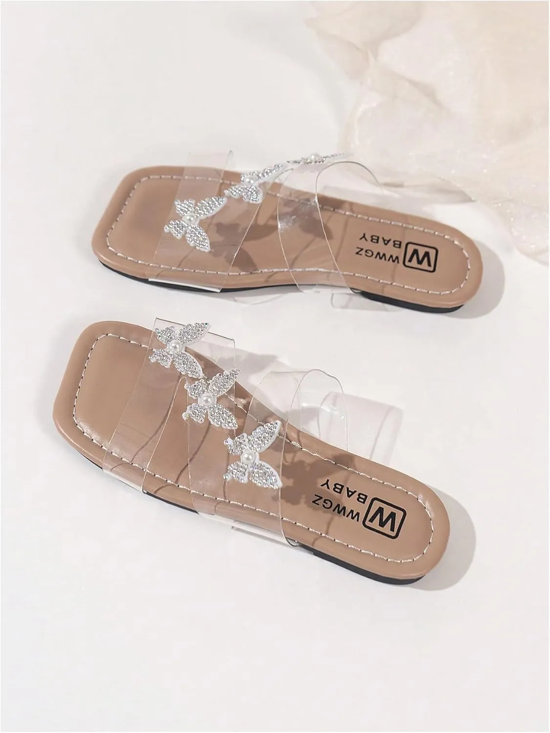 GORGLITTER Girl's Sparkly Butterfly Decor Clear Sandals Square Toe Transparent Summer Slides
