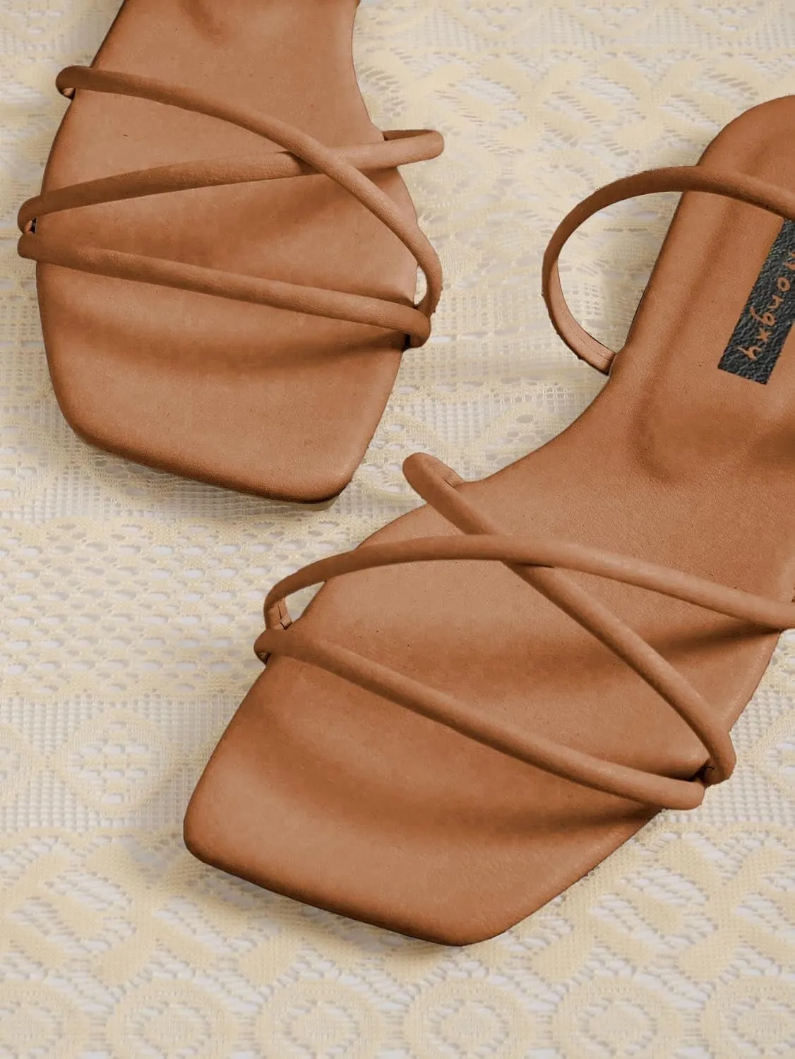 GORGLITTER PU Leather Flat Slip on Sandals Cross Strap Open Toe Summer Slide Sandals