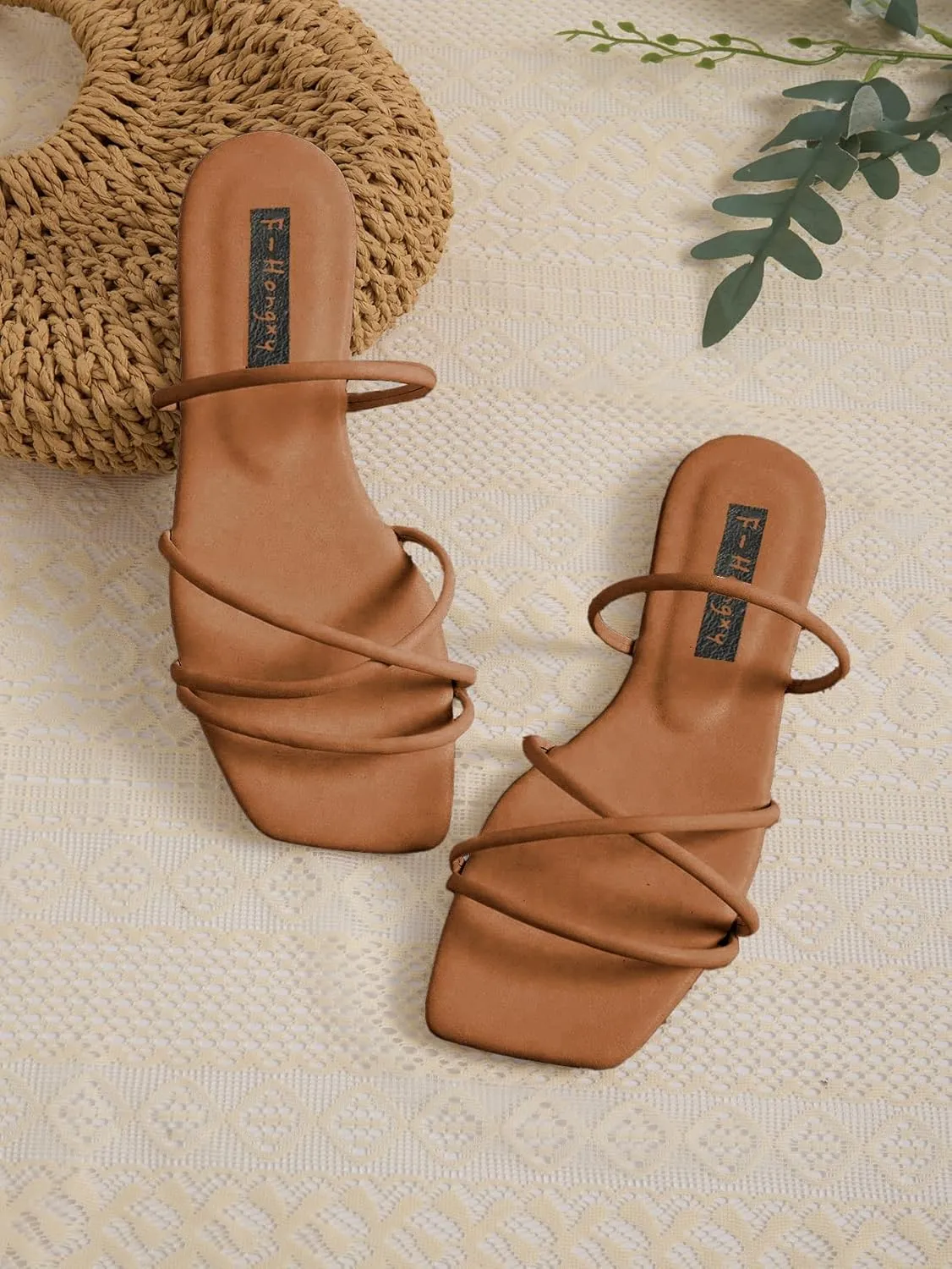 GORGLITTER PU Leather Flat Slip on Sandals Cross Strap Open Toe Summer Slide Sandals