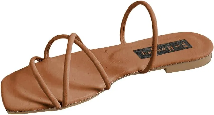 GORGLITTER PU Leather Flat Slip on Sandals Cross Strap Open Toe Summer Slide Sandals