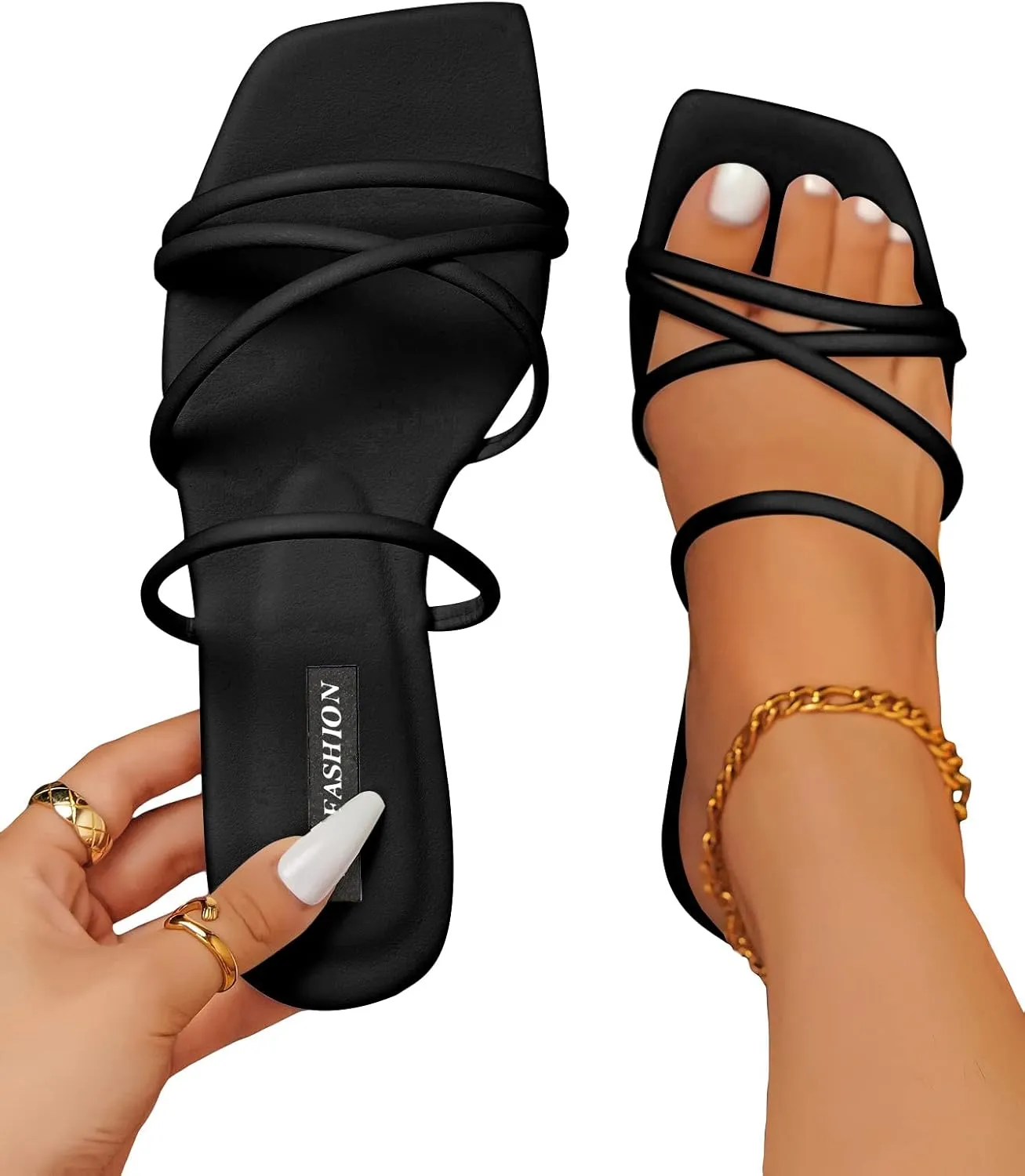 GORGLITTER PU Leather Flat Slip on Sandals Cross Strap Open Toe Summer Slide Sandals