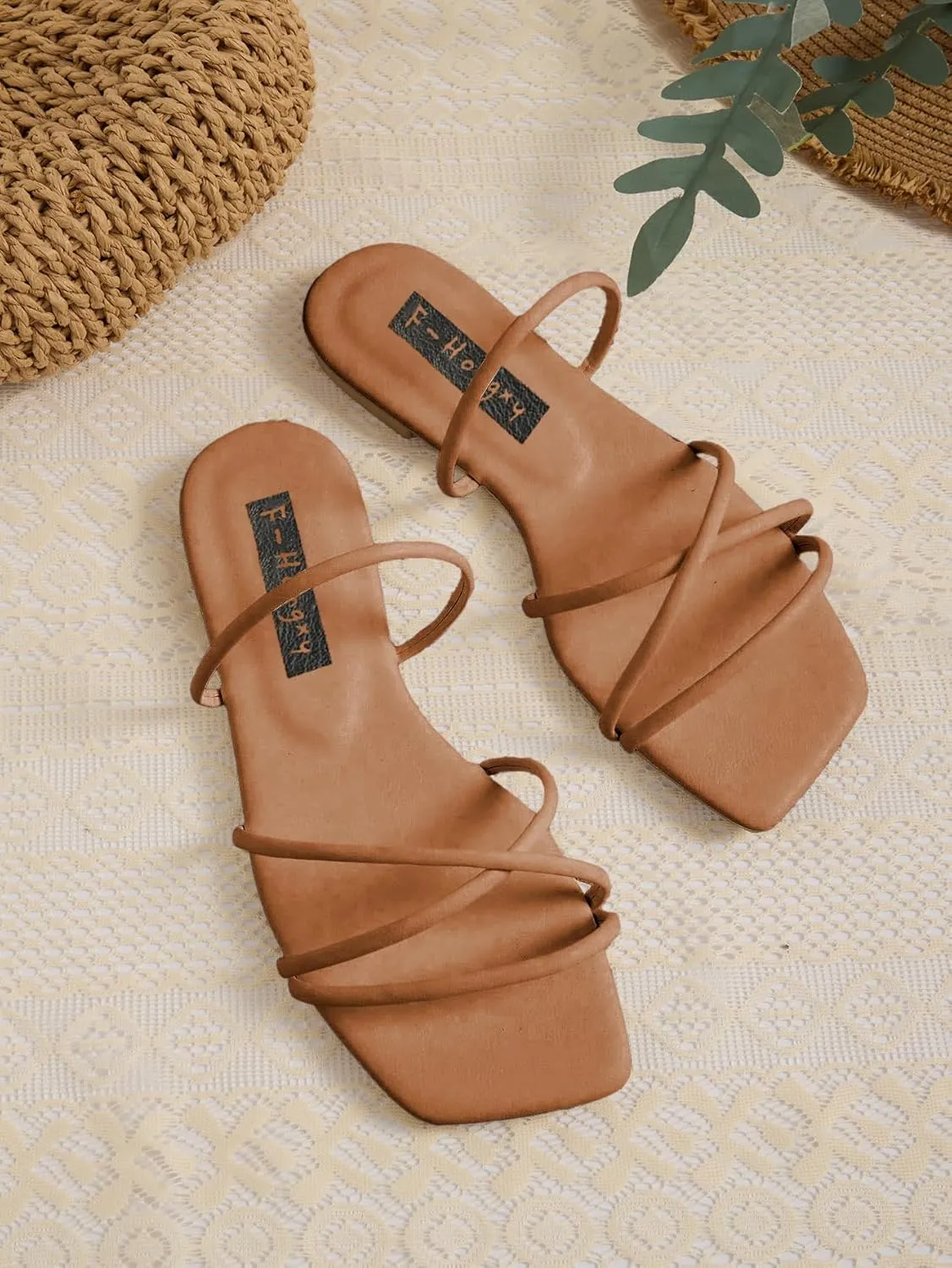 GORGLITTER PU Leather Flat Slip on Sandals Cross Strap Open Toe Summer Slide Sandals