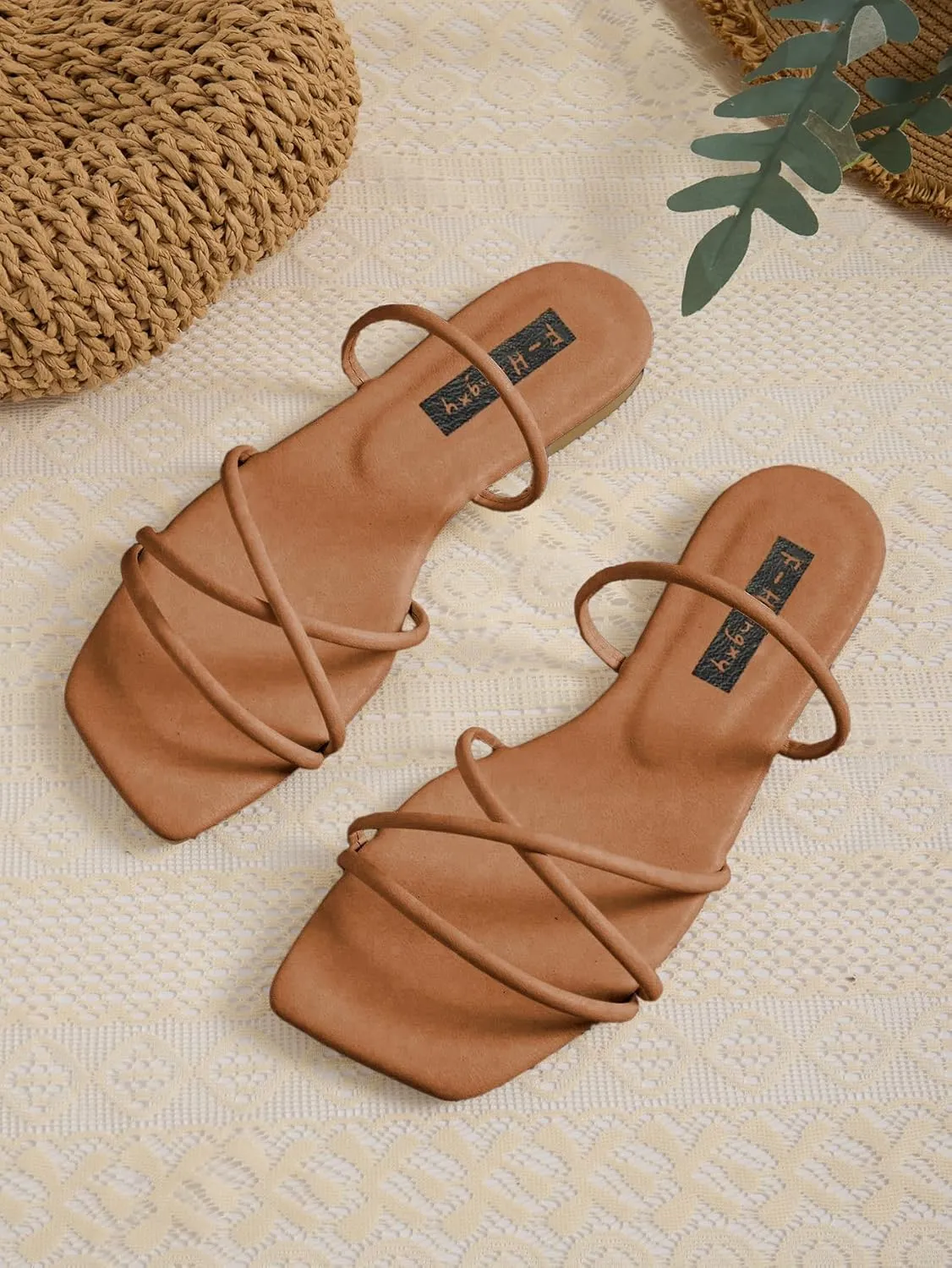 GORGLITTER PU Leather Flat Slip on Sandals Cross Strap Open Toe Summer Slide Sandals
