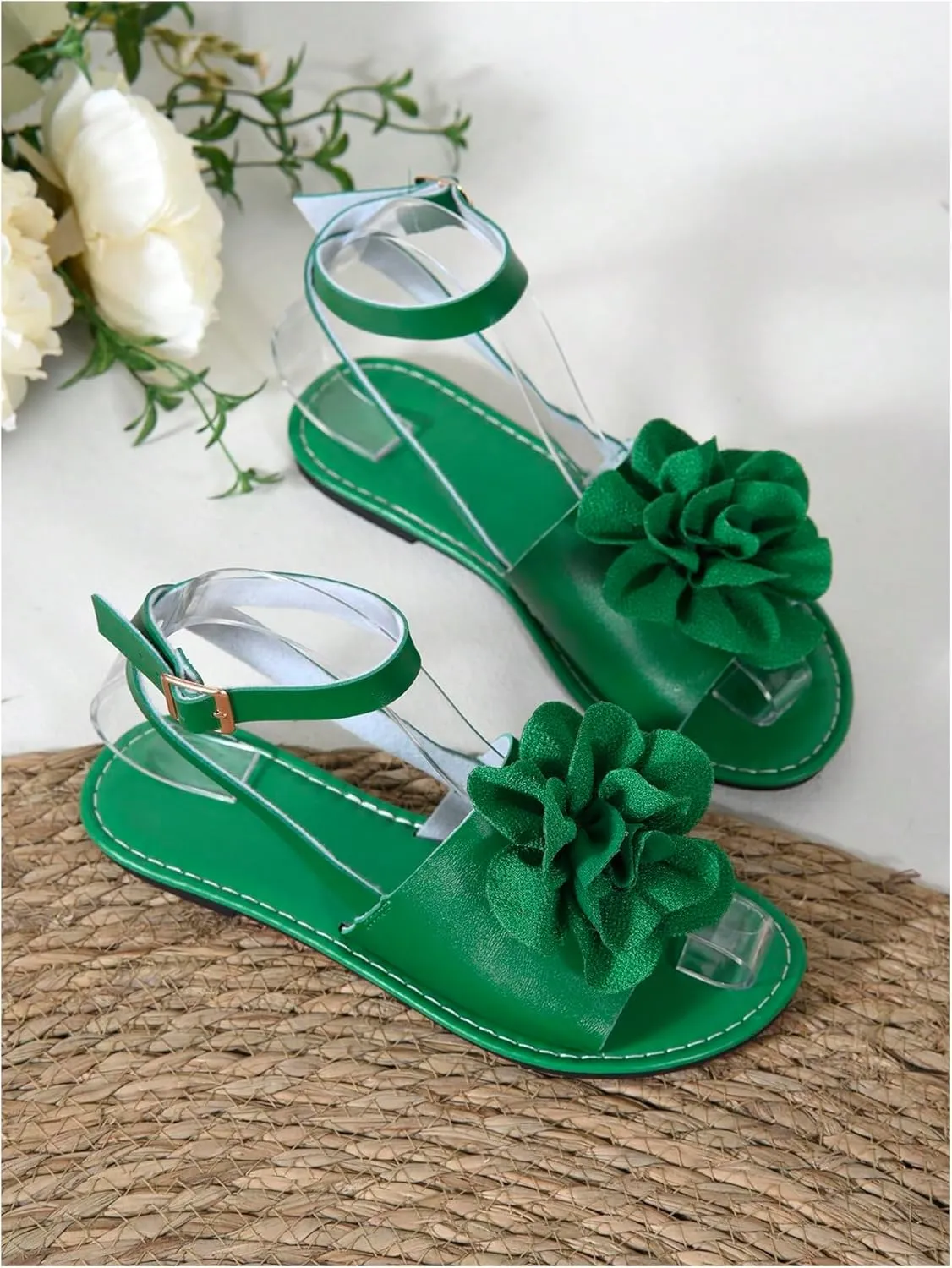 GORGLITTER Women's 3D Flower Sandals Ankle Strap Open Toe Dressy Flat Sandals