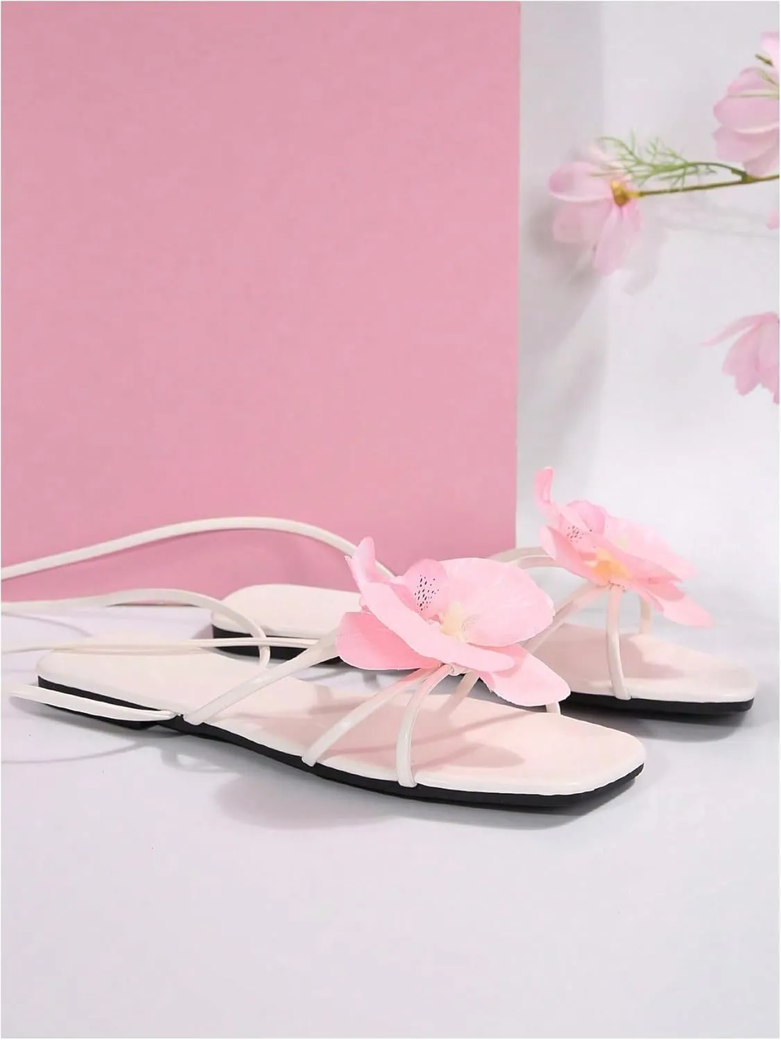 GORGLITTER Women's 3D Flower Sandals Dressy Criss Cross Floral Flat Sandals Square Open Toe Summer Beach Sandals