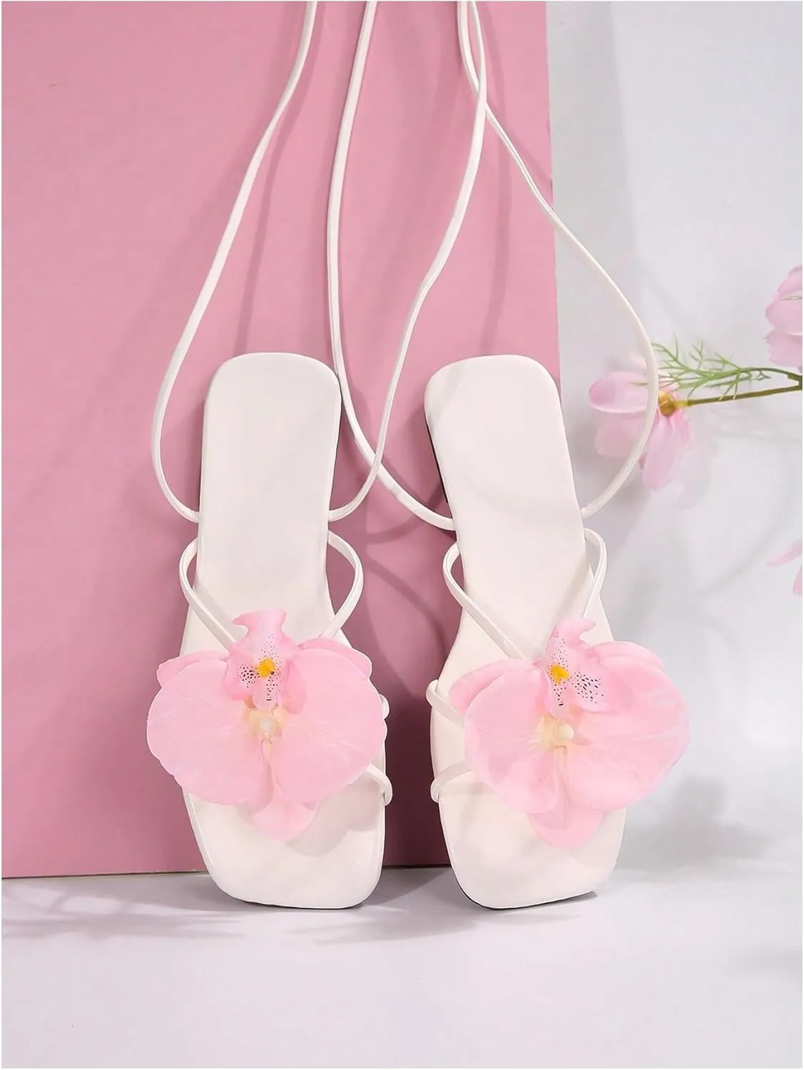 GORGLITTER Women's 3D Flower Sandals Dressy Criss Cross Floral Flat Sandals Square Open Toe Summer Beach Sandals