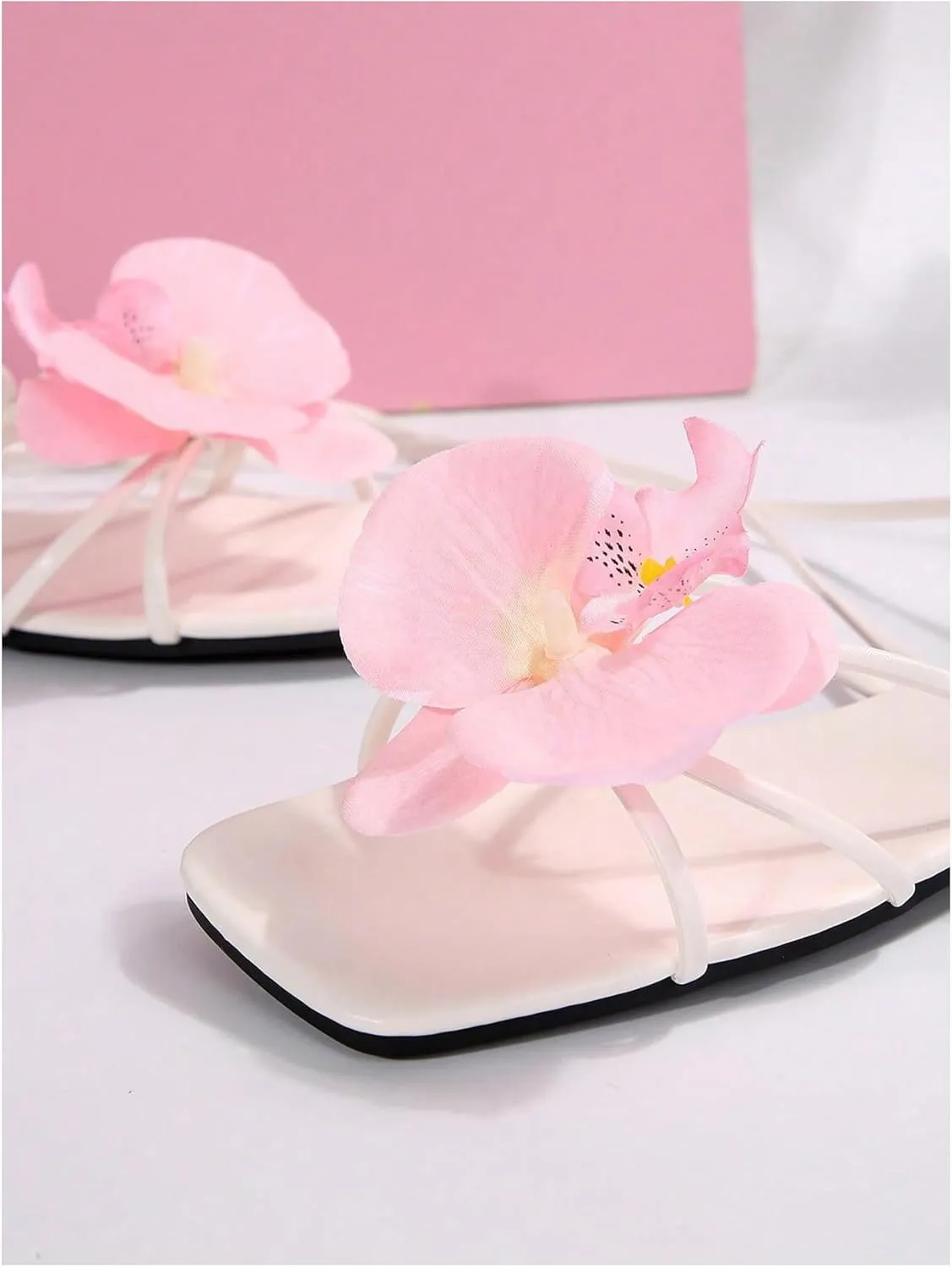 GORGLITTER Women's 3D Flower Sandals Dressy Criss Cross Floral Flat Sandals Square Open Toe Summer Beach Sandals