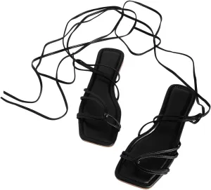 GORGLITTER Women's Lace Up Strappy Flat Gladiator Sandals Trendy 2025 Criss Cross Tie Up Sandals Square Toe
