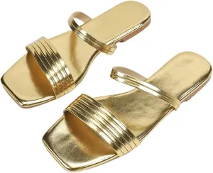 GORGLITTER Women's Metallic Flat Sandals Open Square Toe Dressy Slide Sandals Slides Gold 5.5