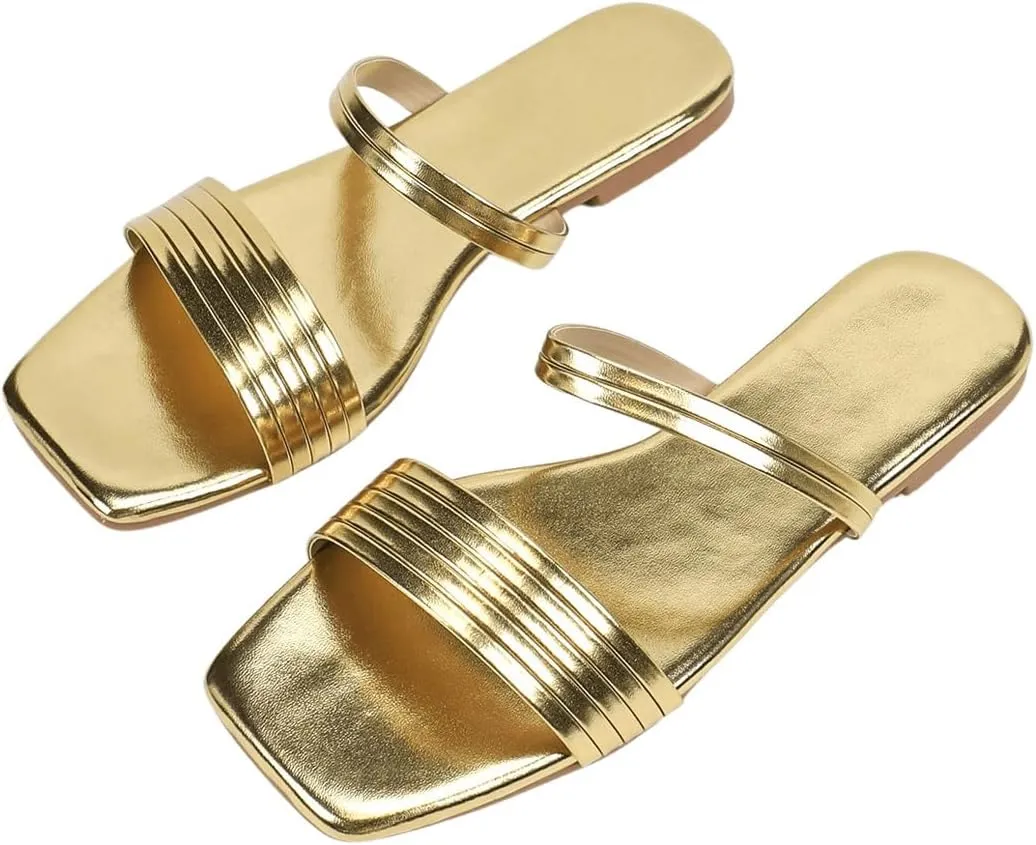 GORGLITTER Women's Metallic Flat Sandals Open Square Toe Dressy Slide Sandals Slides Gold 5.5