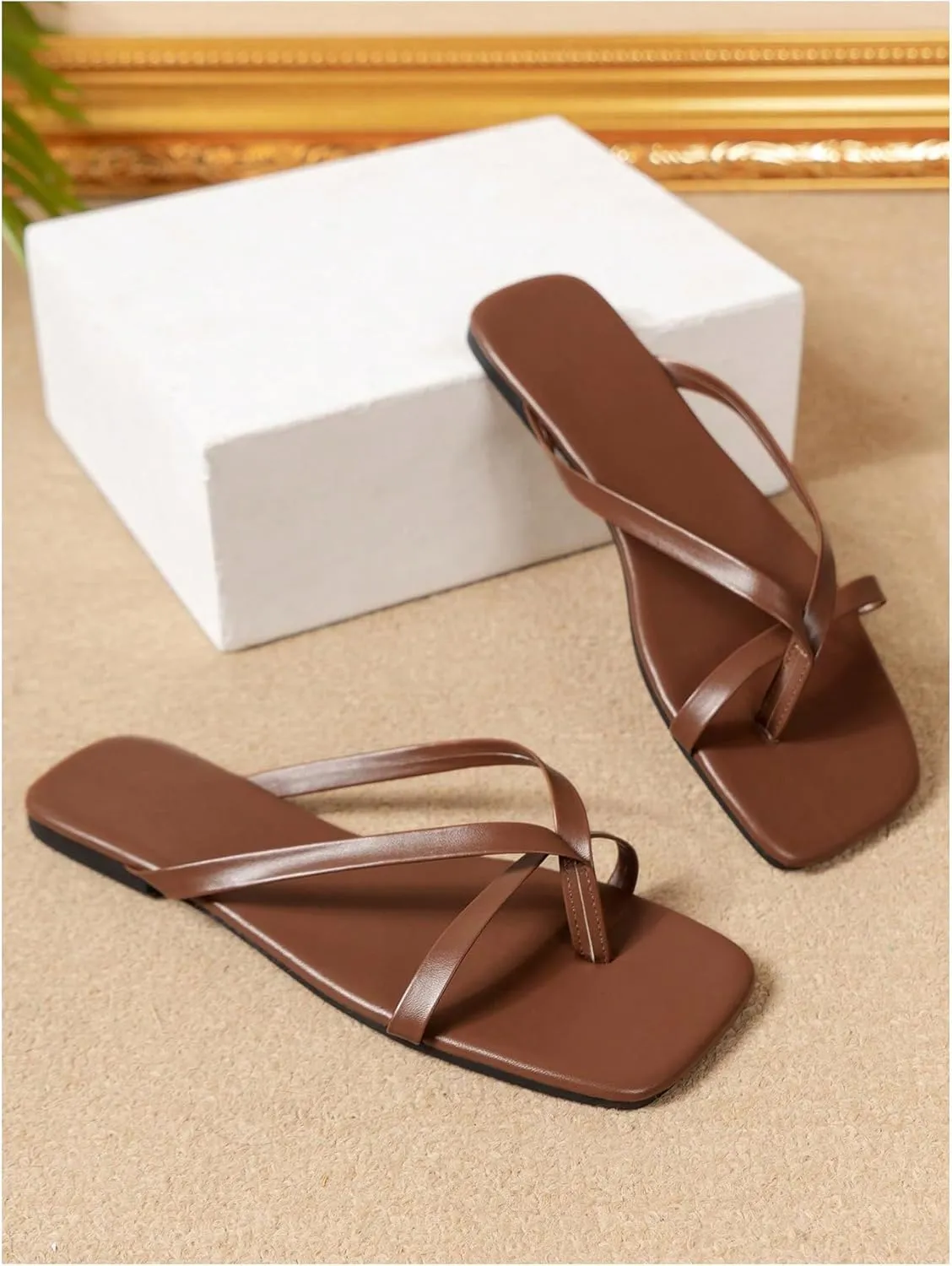 GORGLITTER Women's Strappy Square Toe Sandals Dressy Summer Cute Thong Sandals Flip Flops