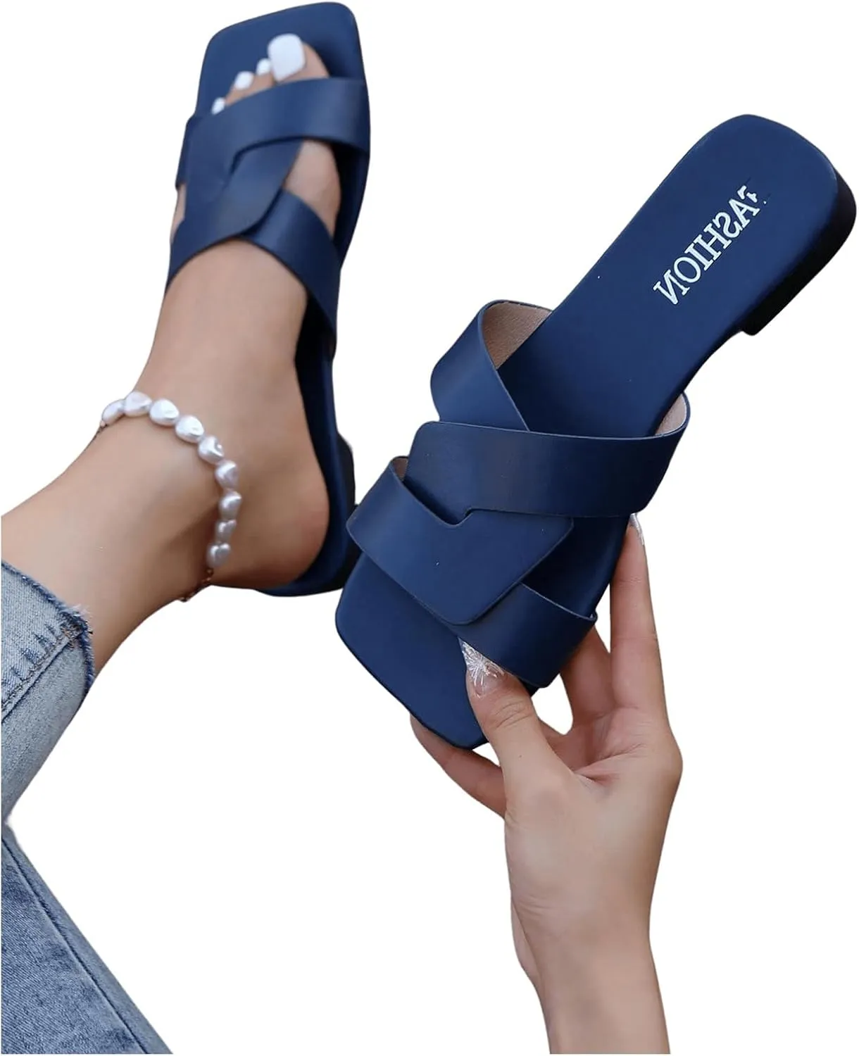 GORGLITTER Women's Strappy Wide Width Flat Sandals Open Square Toe Cross Dressy Slide Sandals
