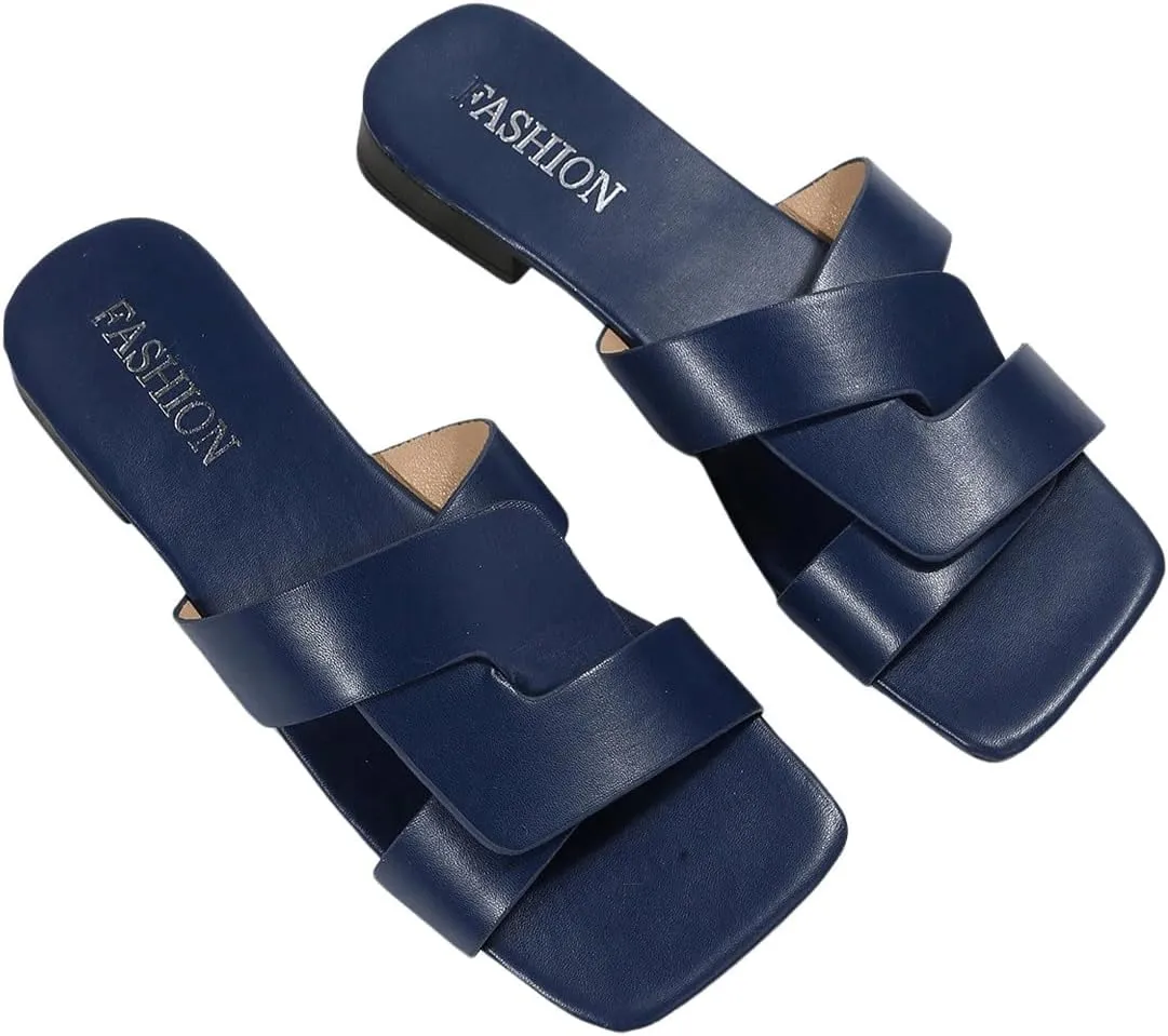 GORGLITTER Women's Strappy Wide Width Flat Sandals Open Square Toe Cross Dressy Slide Sandals