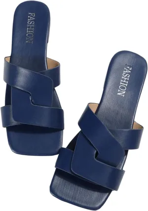 GORGLITTER Women's Strappy Wide Width Flat Sandals Open Square Toe Cross Dressy Slide Sandals