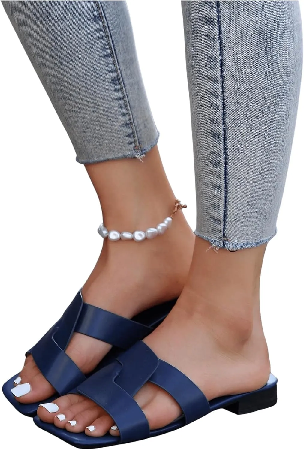 GORGLITTER Women's Strappy Wide Width Flat Sandals Open Square Toe Cross Dressy Slide Sandals