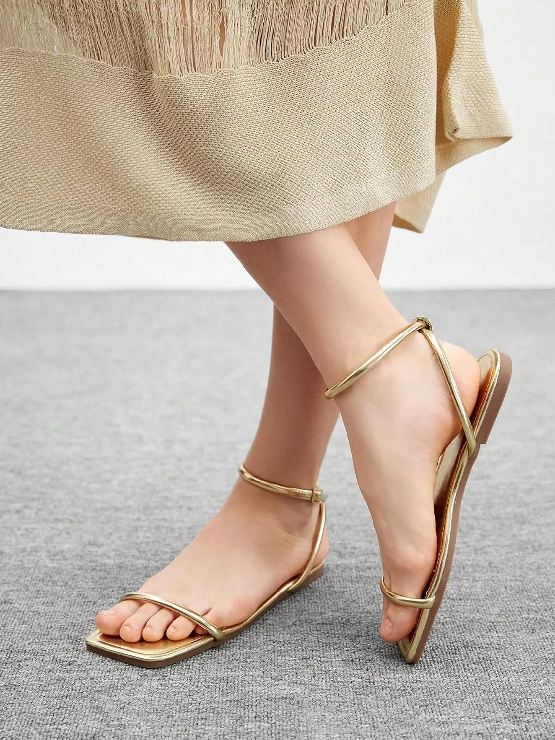 GORGLITTER Women's Summer Beach Flat Gold Strappy Dressy Sandals 2025 Square Open Toe Ankle Strap Slides
