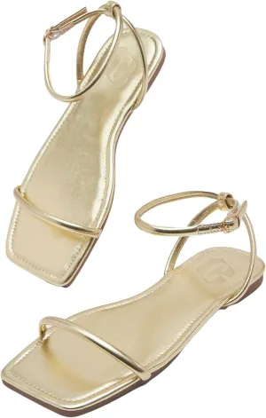 GORGLITTER Women's Summer Beach Flat Gold Strappy Dressy Sandals 2025 Square Open Toe Ankle Strap Slides