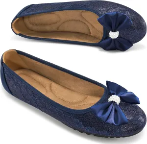 HARENCE Ballet Flats for Women Dressy: Comfortable Round Toe Bow Lace Mesh Wedding Flat Casual Slip On Walking Work Dress Shoes