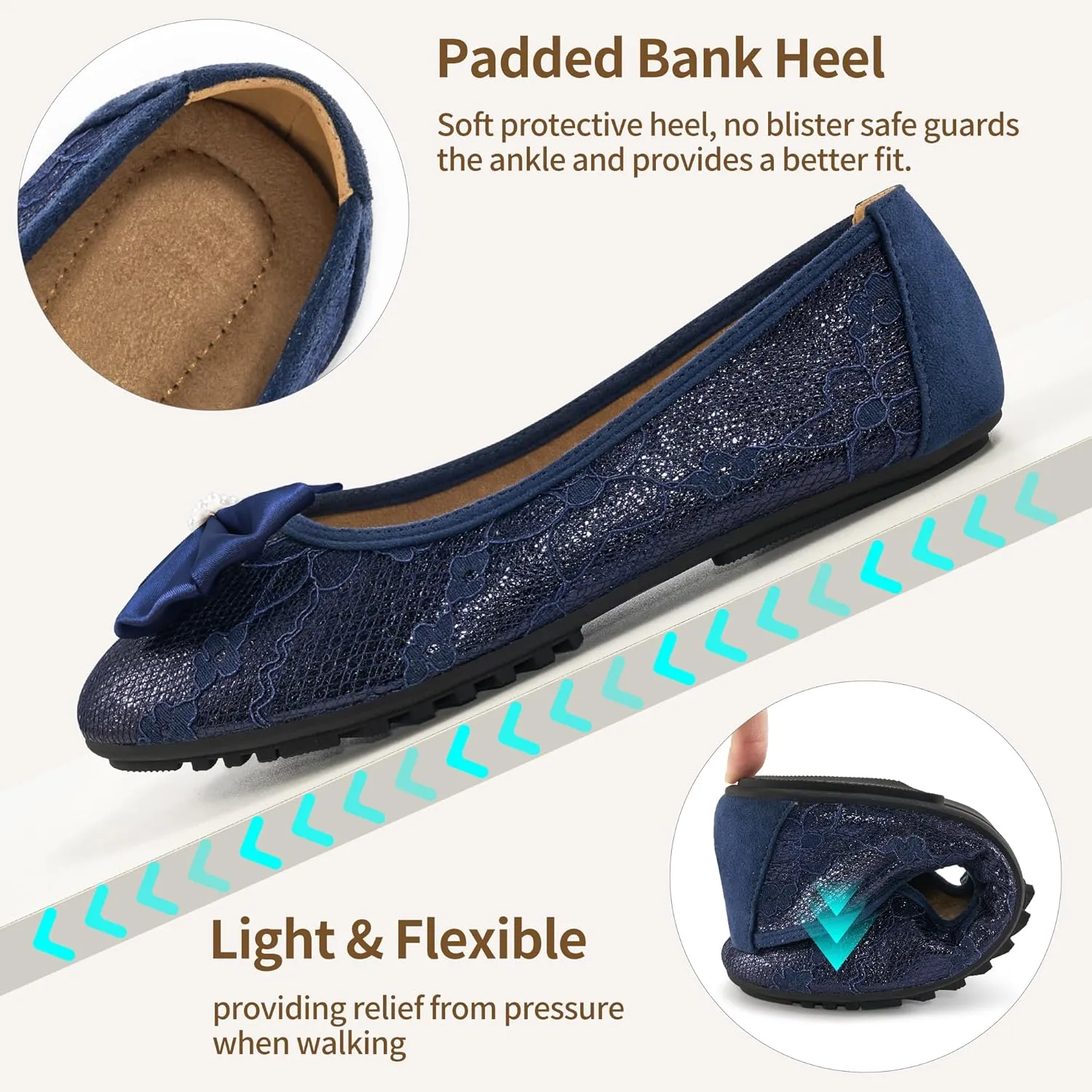HARENCE Ballet Flats for Women Dressy: Comfortable Round Toe Bow Lace Mesh Wedding Flat Casual Slip On Walking Work Dress Shoes