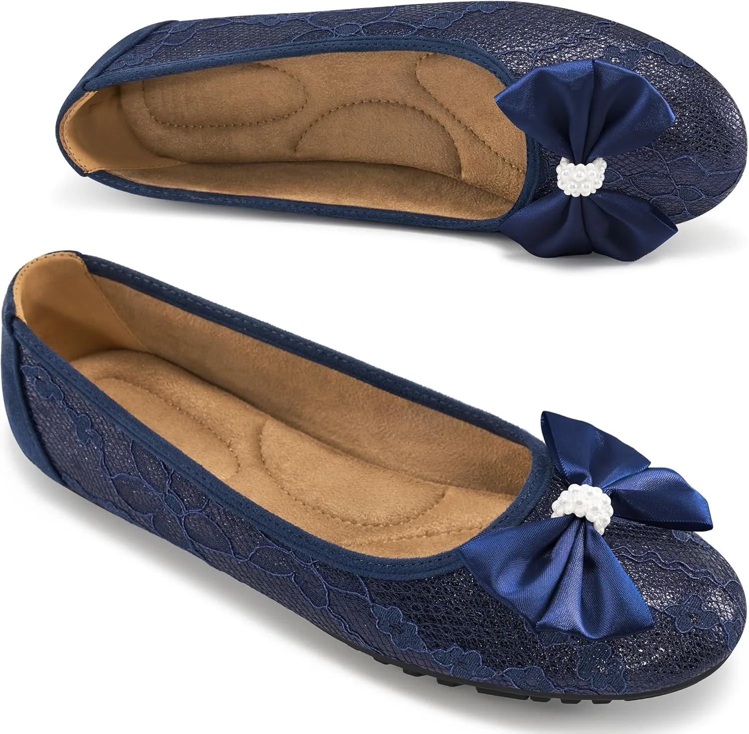 HARENCE Ballet Flats for Women Dressy: Comfortable Round Toe Bow Lace Mesh Wedding Flat Casual Slip On Walking Work Dress Shoes