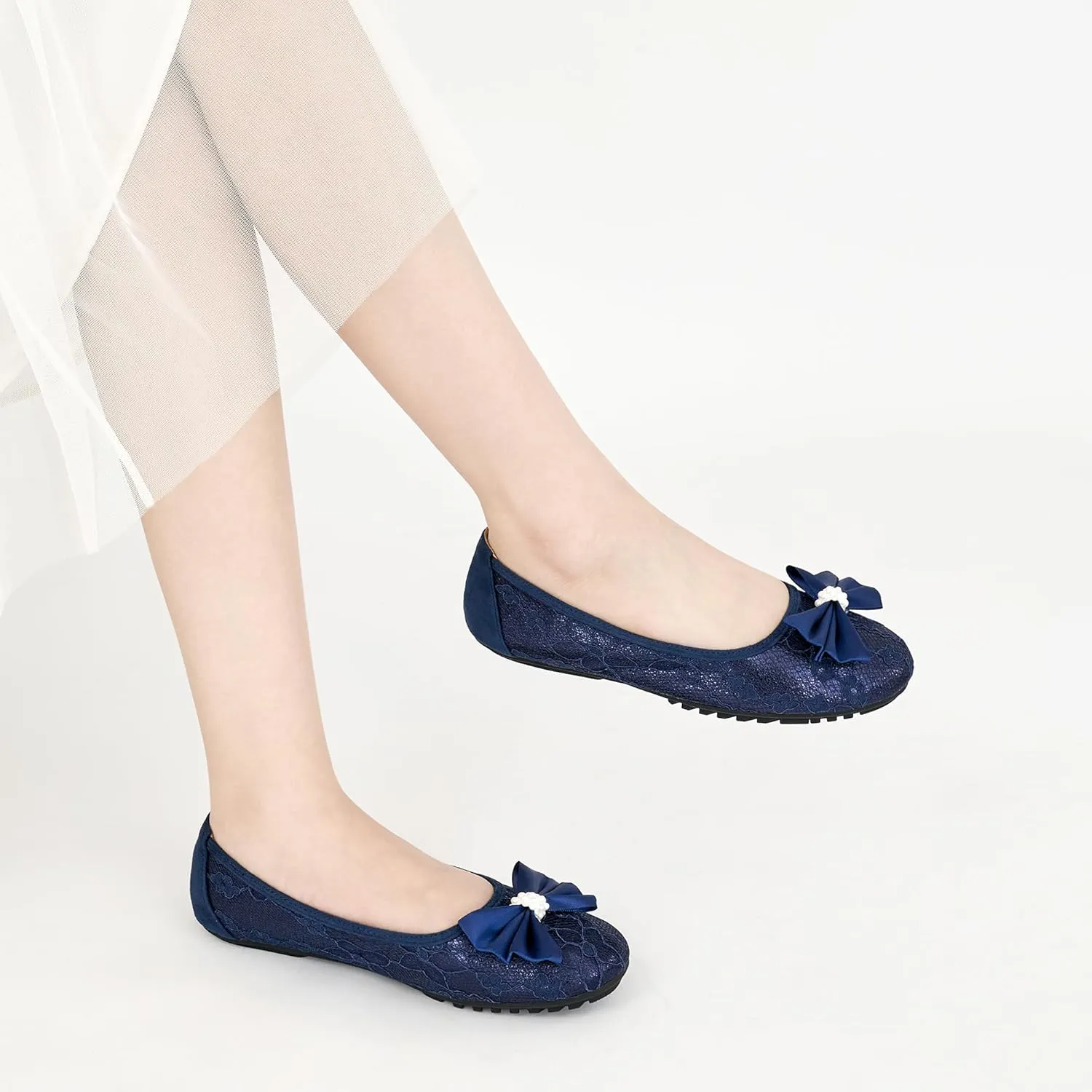 HARENCE Ballet Flats for Women Dressy: Comfortable Round Toe Bow Lace Mesh Wedding Flat Casual Slip On Walking Work Dress Shoes