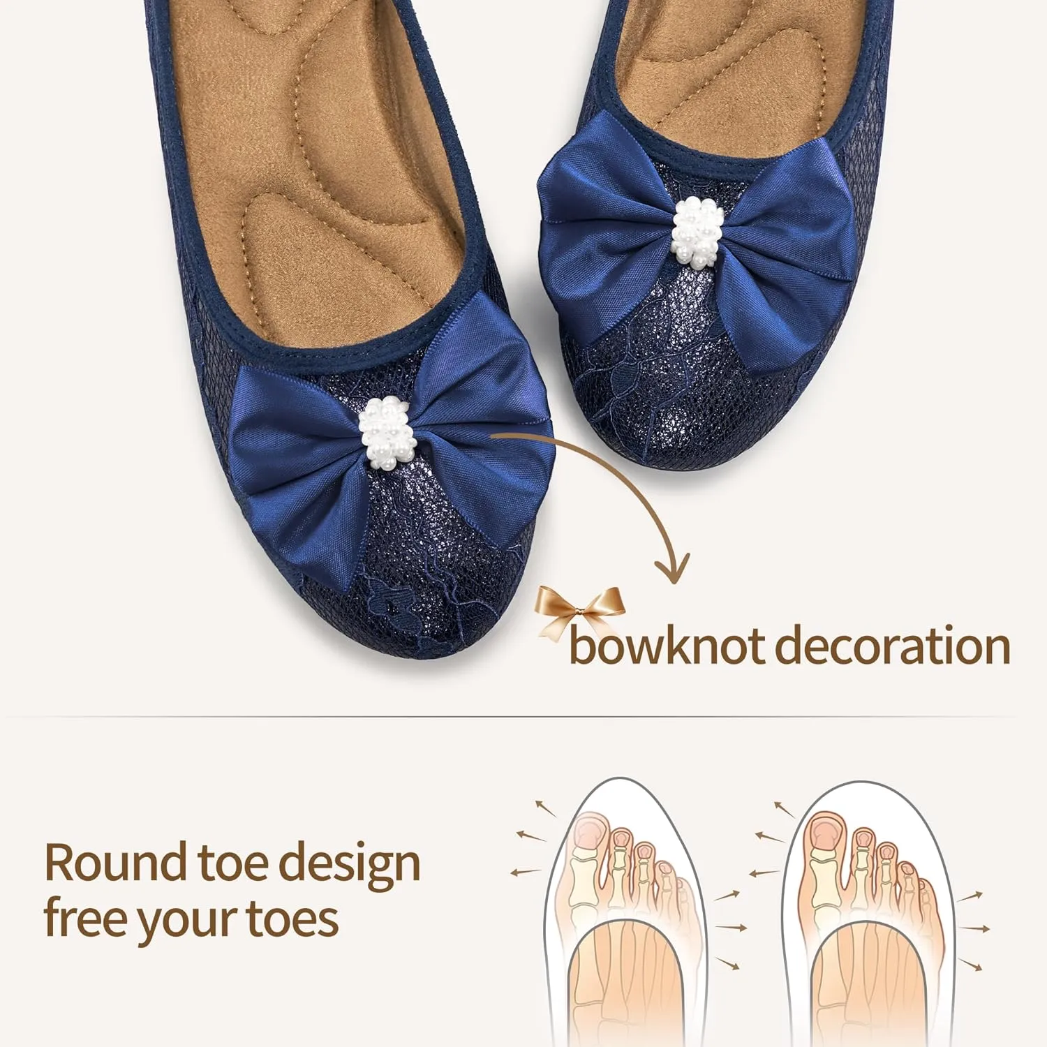 HARENCE Ballet Flats for Women Dressy: Comfortable Round Toe Bow Lace Mesh Wedding Flat Casual Slip On Walking Work Dress Shoes