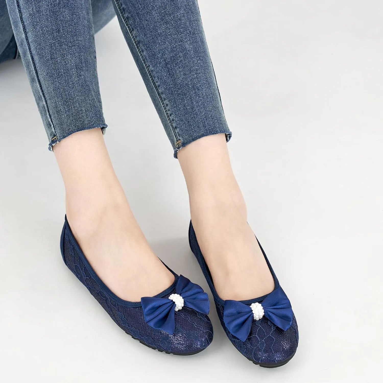 HARENCE Ballet Flats for Women Dressy: Comfortable Round Toe Bow Lace Mesh Wedding Flat Casual Slip On Walking Work Dress Shoes