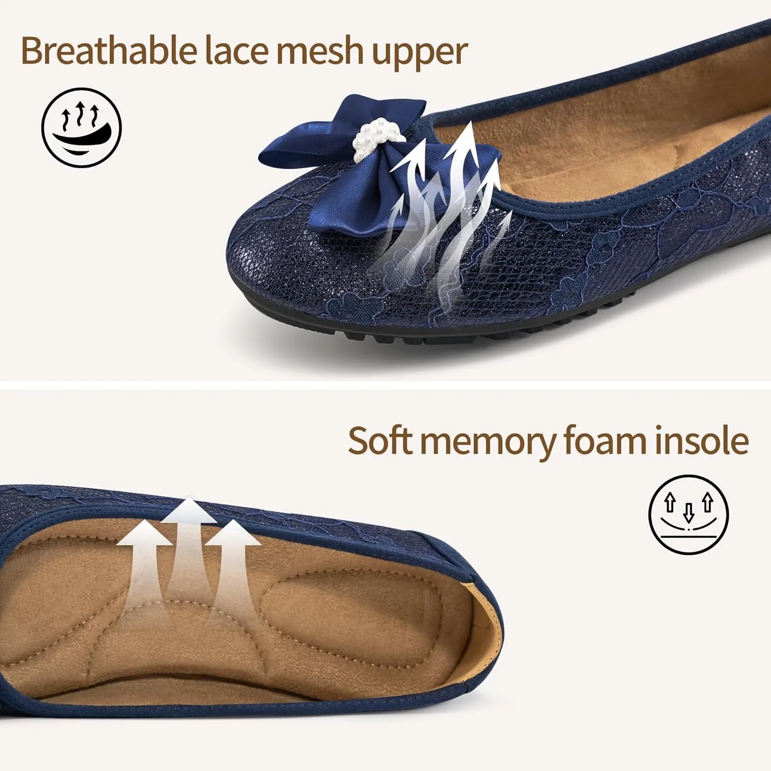 HARENCE Ballet Flats for Women Dressy: Comfortable Round Toe Bow Lace Mesh Wedding Flat Casual Slip On Walking Work Dress Shoes