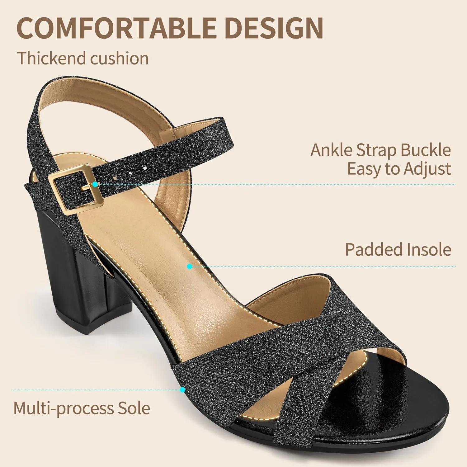 HARENCE Chunky Heels for Women Wedding: Fashion Sparkly Dressy Shoes Open Toe Ankle Strap Heeled Sandal for Prom Party