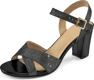 HARENCE Chunky Heels for Women Wedding: Fashion Sparkly Dressy Shoes Open Toe Ankle Strap Heeled Sandal for Prom Party