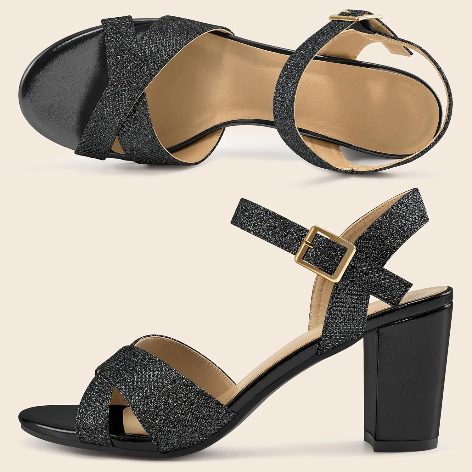 HARENCE Chunky Heels for Women Wedding: Fashion Sparkly Dressy Shoes Open Toe Ankle Strap Heeled Sandal for Prom Party