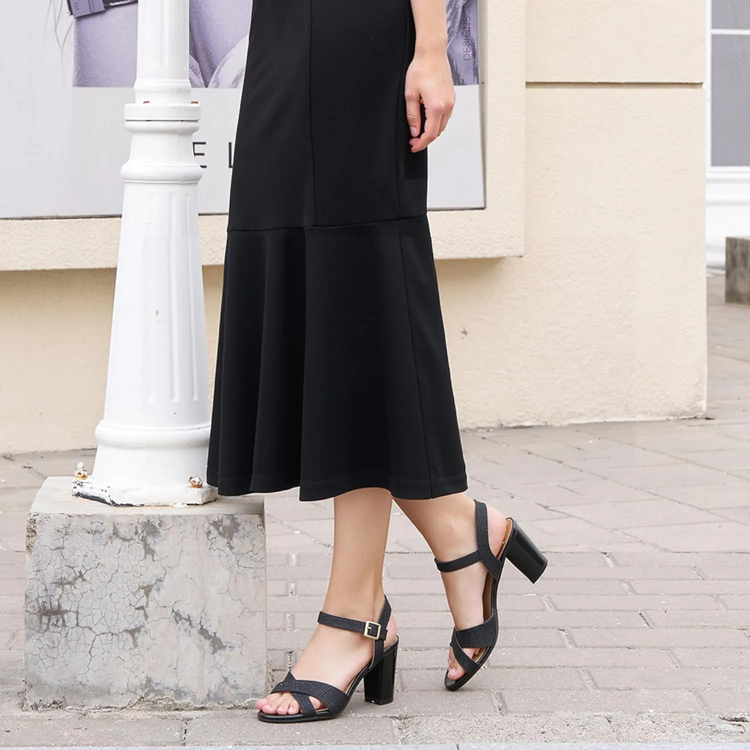 HARENCE Chunky Heels for Women Wedding: Fashion Sparkly Dressy Shoes Open Toe Ankle Strap Heeled Sandal for Prom Party