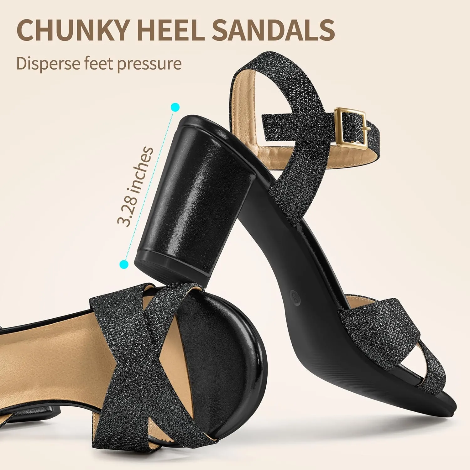 HARENCE Chunky Heels for Women Wedding: Fashion Sparkly Dressy Shoes Open Toe Ankle Strap Heeled Sandal for Prom Party