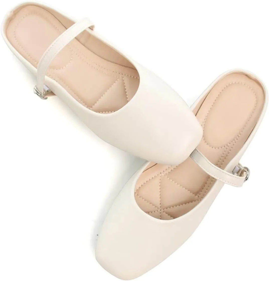 Hee grand Mules for Women Mary Jane Shoes Retro Square Toe Strap Backless Flat Mules Comfortable Flat Slippers