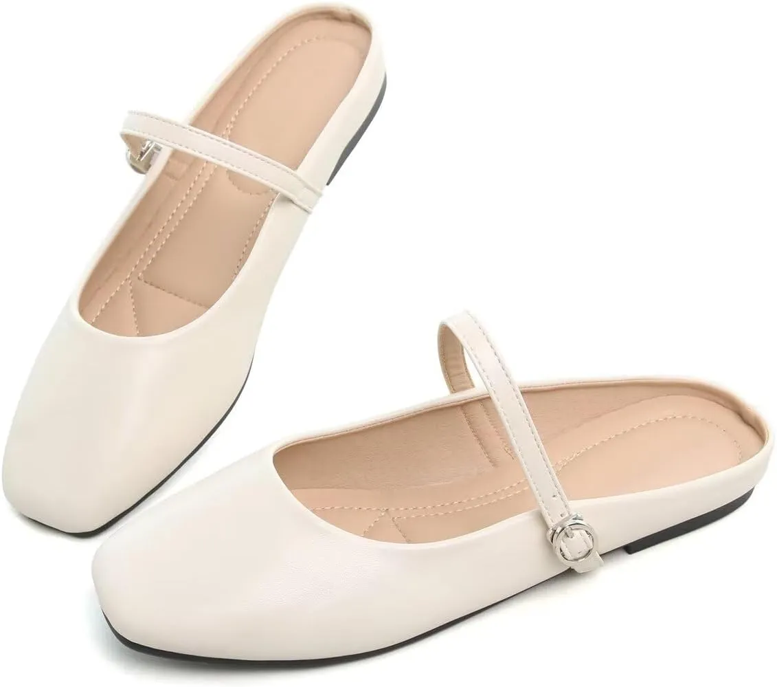 Hee grand Mules for Women Mary Jane Shoes Retro Square Toe Strap Backless Flat Mules Comfortable Flat Slippers