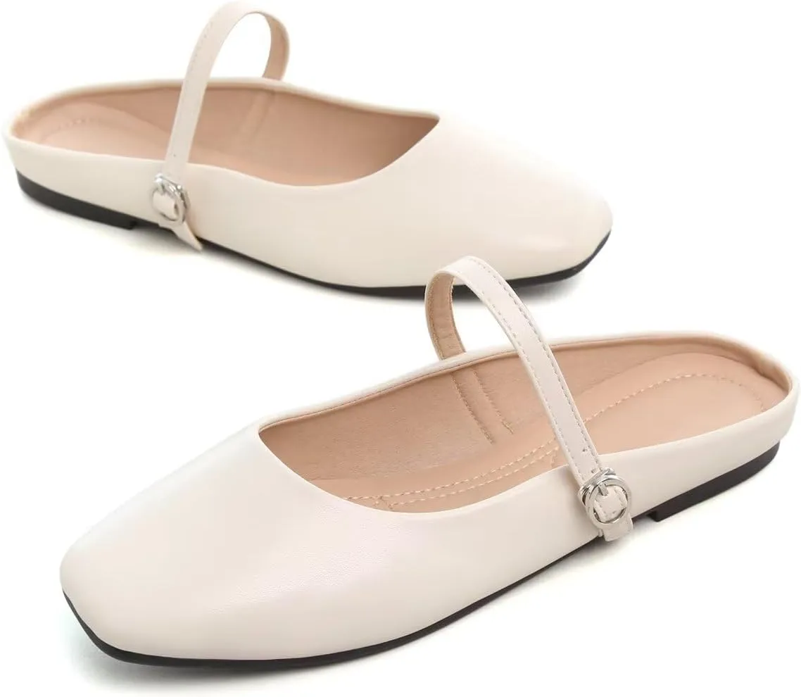Hee grand Mules for Women Mary Jane Shoes Retro Square Toe Strap Backless Flat Mules Comfortable Flat Slippers